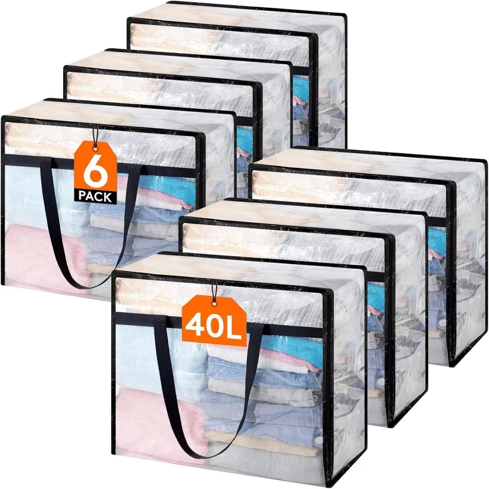 40L Clear Plastic Blanket Storage Bags with Zipper, Collapsible Clothes Organizers for Closets and Moving