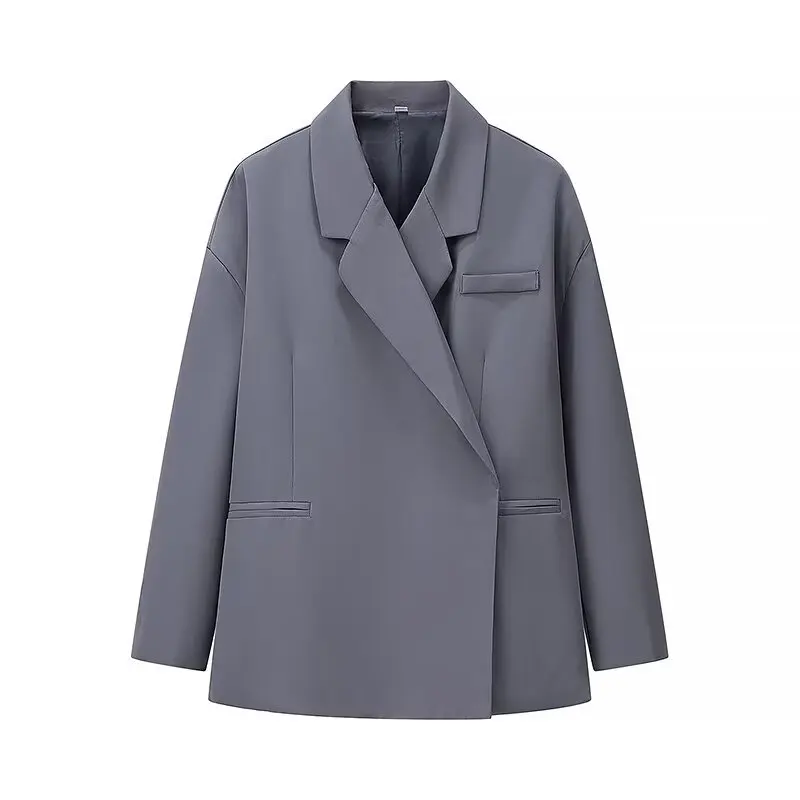 Elegancka damska marynarka z ukrytymi guzikami, luźnym krojem, jednolitym kolorem, klapami, rozcięciami po bokach i długimi rękawami, styl high street, odzież wierzchnia 2024.