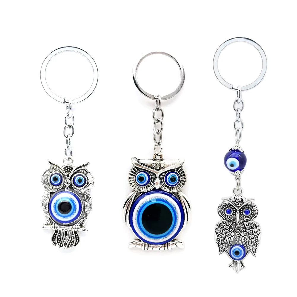 

Lucky Eye Alloy Owl Animal Keychain Blue Turkish Evil Eye Pendant Car Key Chain Phone Charm Keyring Jewelry Protection Amulet