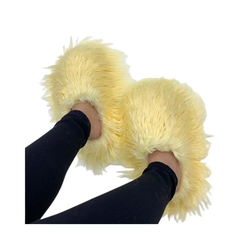 Women Faux Mongolian Fur Slippers Long Shaggy Fluffy Closed Toe Slip On Thick Sole Y2K Winter Warm Festival Furry Shoes