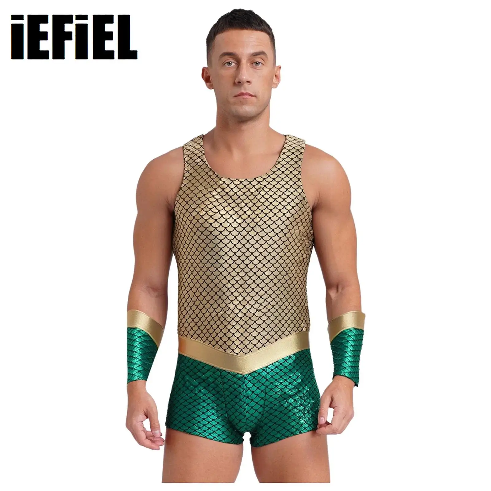 

Men Poseidon Sea King Cosplay Costumes Sleeveless Metallic Shiny Fish Scales Print Bodysuit with Arm Sleeves Halloween Mermaid