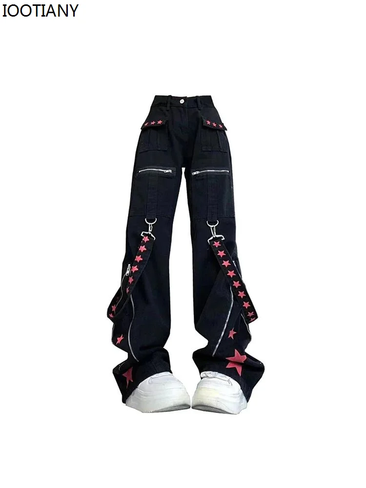 

New Women Black Gothic Loose Workwear Jeans Retro Contrast Color Ribbon Metal Decorative Denim Trousers Casual Splicing Pants