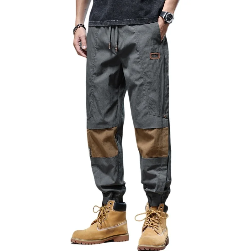 Stitching Overalls Men's High Street Contrast Color Fashion 2024 Summer Trendy All-Match Ankle-Tied Casual Pants