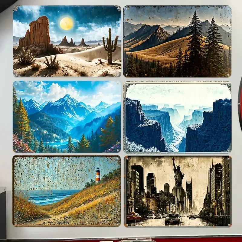 2D Flat Vintage Landscape Scenery Metal Tin Sign 8x12 in,6Pcs Mountain Desert Lighthouse City Retro Iron Plaque Wall Decor