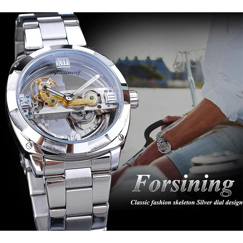 Forsining Top Brands Fashion Casual Mechanical Men Watch Skeleton Hollow Out Business Stainless Male Wristwatch Lover Watches