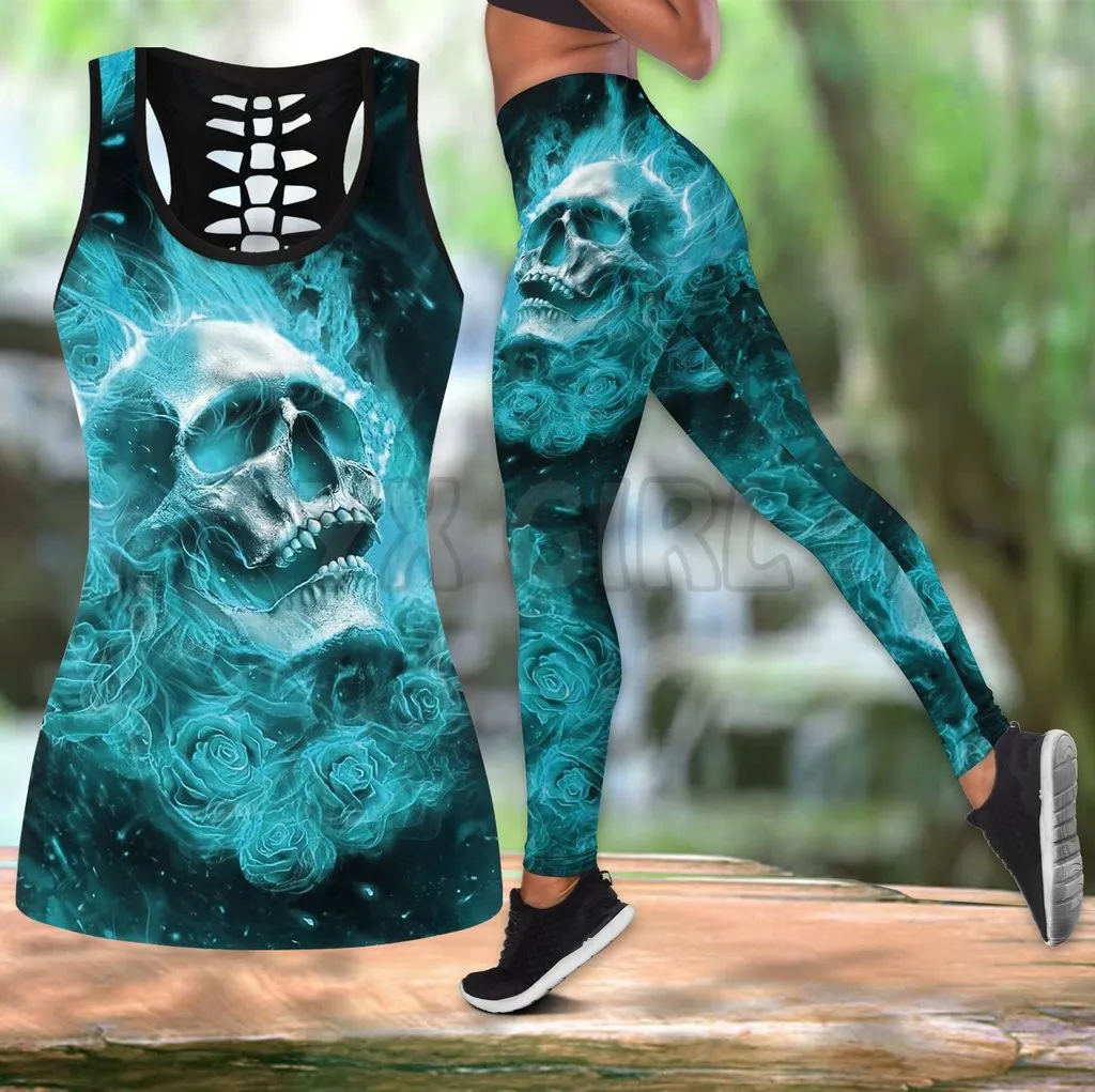 Skull Roses Fire Combo Tanktop + Legging 3D Printed Tank Top+Legging Combo Outfit Yoga Fitness Legging Women