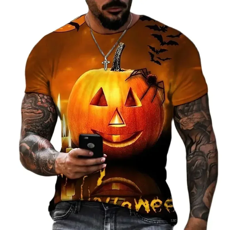 

MenT Shirts Fashion Terror Funny Pumpkin Shape Graphic Halloween Festival Casual Personality Printed Round Neck Tees Tops