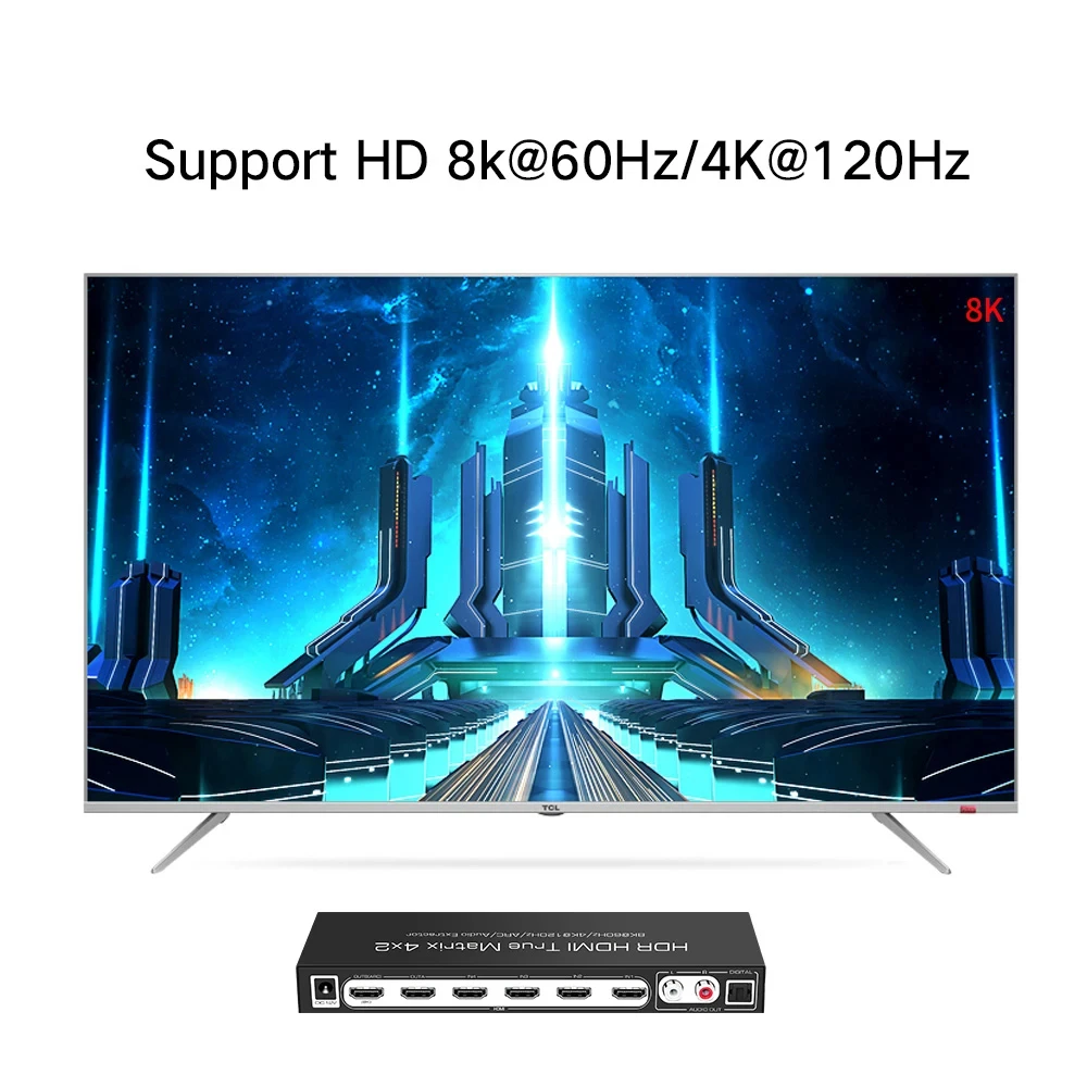 8K 4X2 HDMI Matrix 4 in 2 Out HDMI 2.1 Matrix HDMI Video Switcher Splitter +Optical & L/R Audio Output,Support 4K 120Hz