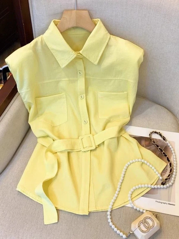 Ele Belted Svel irt Women's Faion Summer New Sle Simple Match All Slimming Small irt Commute Sle Loose Fit