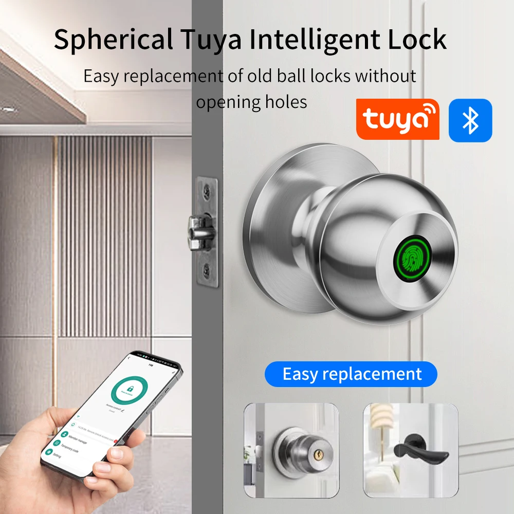 Imagem -02 - Fingerprint Safe Electronic Lock Porta Redonda Knob Rotation Lock Doorknob Lock com Chave Tuya App 1set Aço Inoxidável