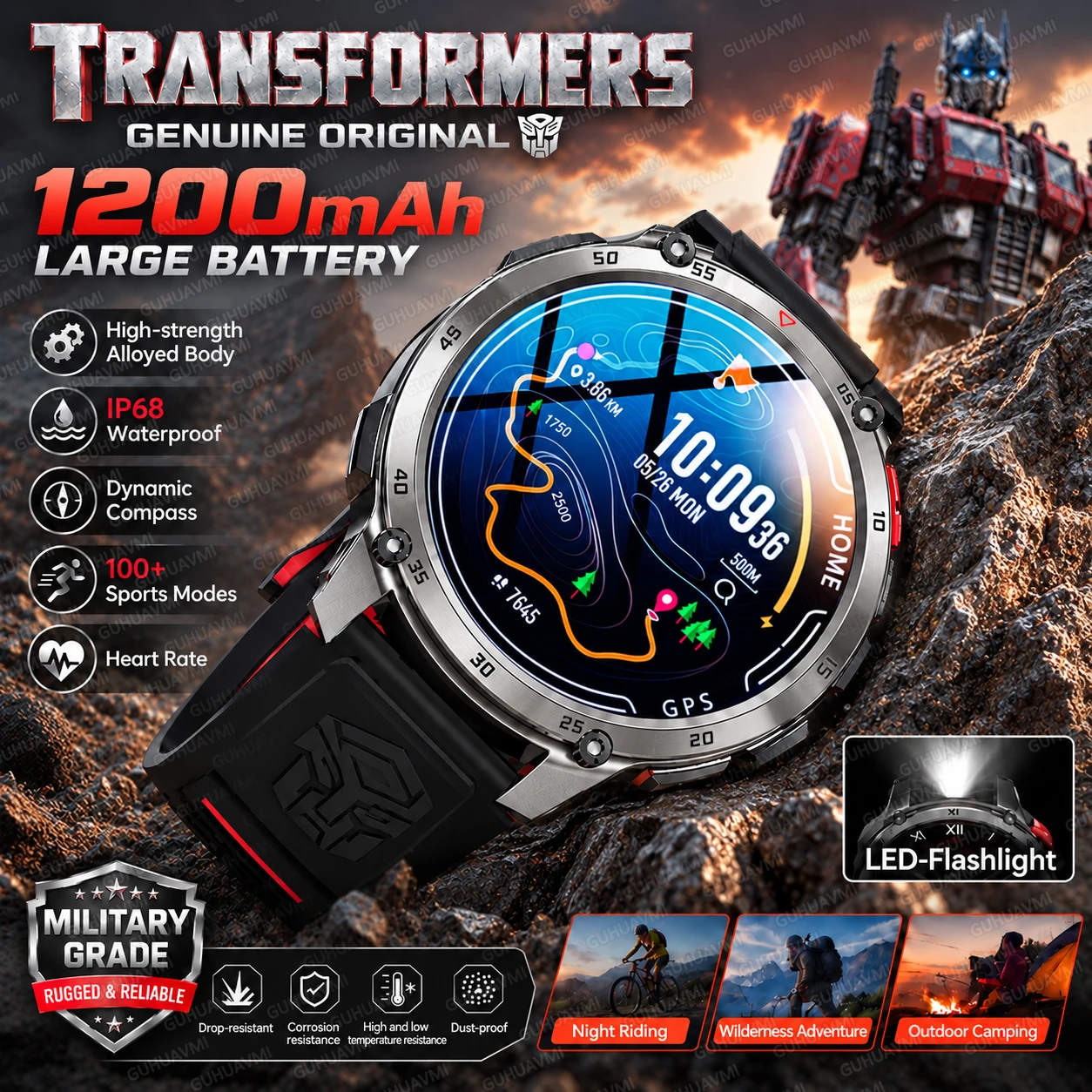 2026 New Outdoor Military Transformers Smart Watch 1200mAh Large Battery Compass IP68 Waterproof Flashlight Sport Smartwatch Men