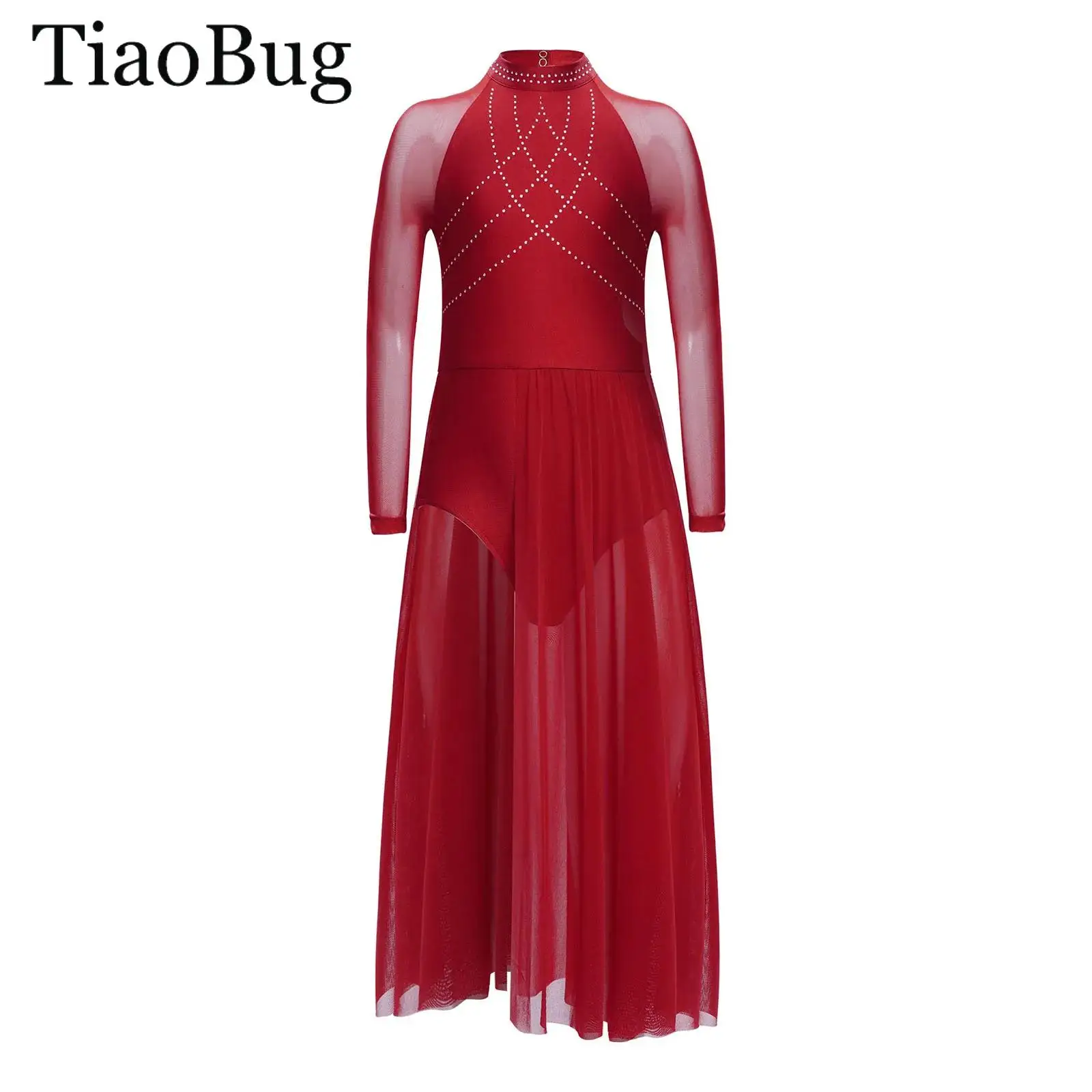 

Kids Girls Lyrical Dance Dress Rhinestones Sheer Mesh Split Leotard Long Sleeve Ballet Gymnastics Skating Contemporary Dancewear