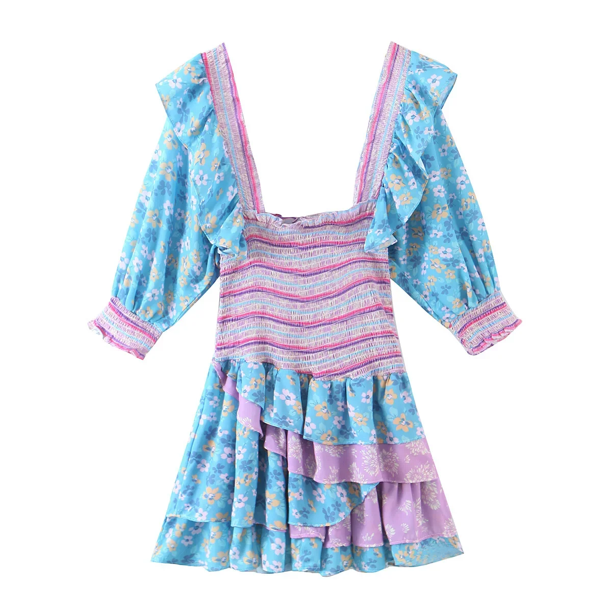 

Spring new European and American romantic printing heavy industry laminated ruffled ruffled puff sleeve dress