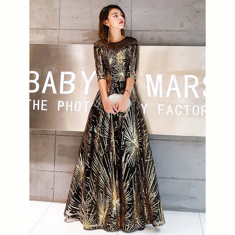 2024 New Atmospheric Evening Dress Dress For Female Socialites Gold Sequin Graduation Performance Costume Vestidos De Noche