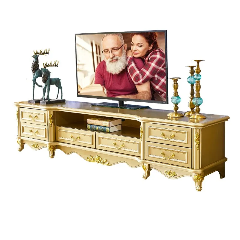 European coffee table TV cabinet combination, champagne gold high-end living room floor cabinet locker