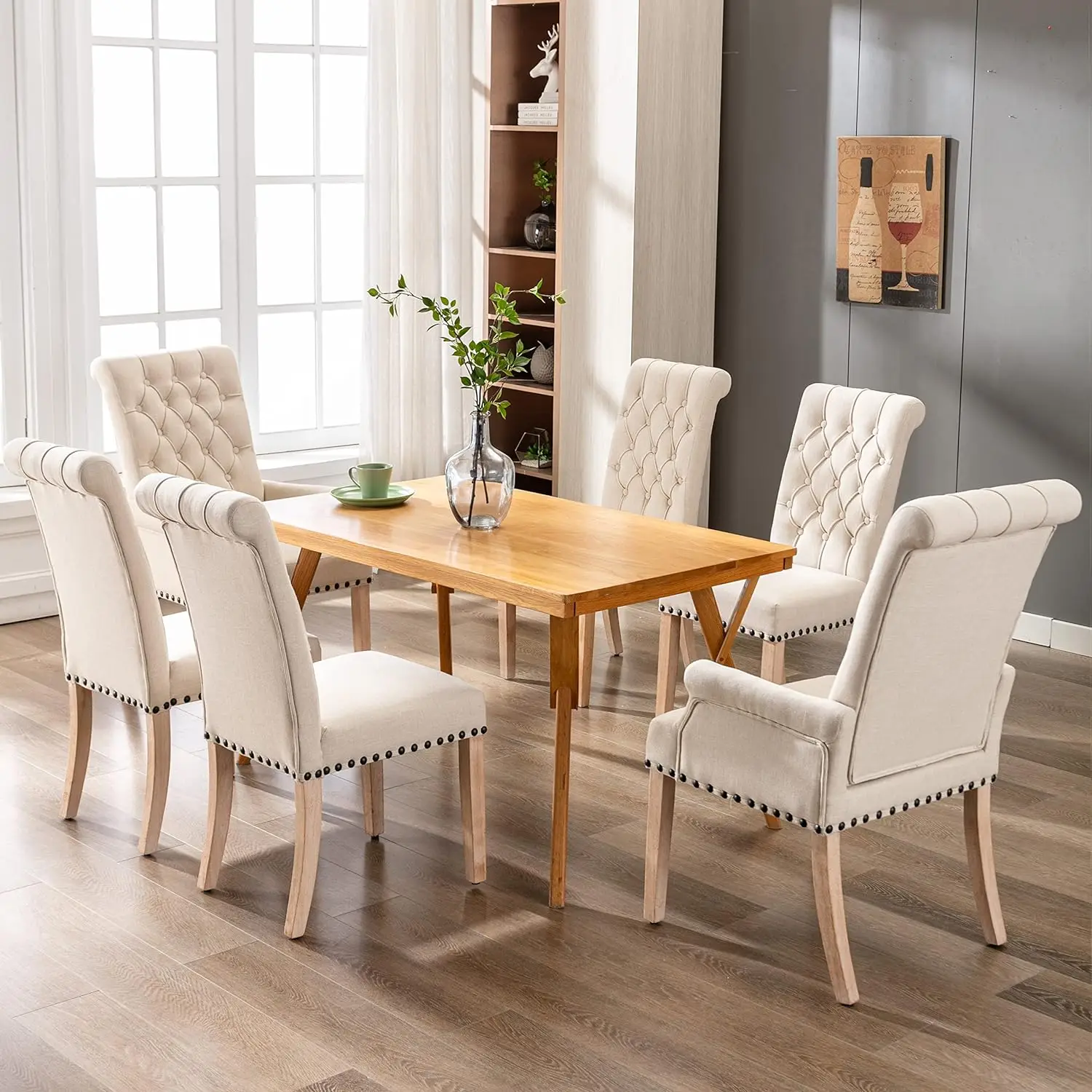 Dining Room Chairs with Arms,Tufted Upholstered High Back Nailed Trim with Untique Oak Wood Legs for Kitchen Restaurant Room Bed