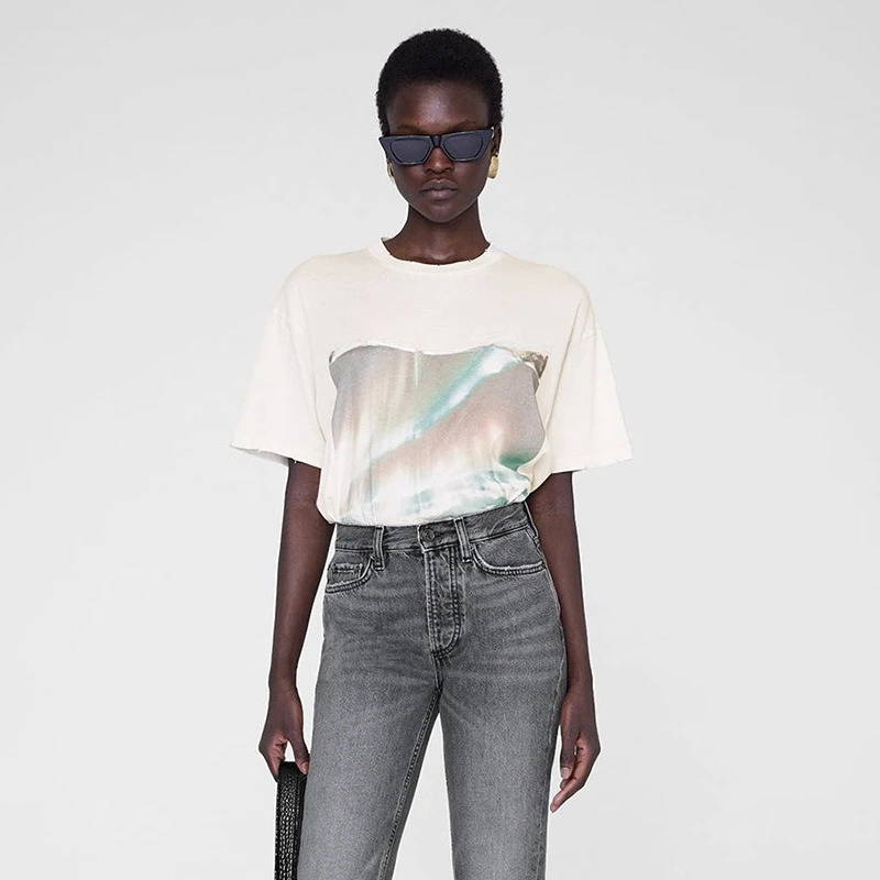 

26 Early Spring New Aurora Letter Digital Printing Light Apricot Cotton Women's Short Sleeve T-Shirt