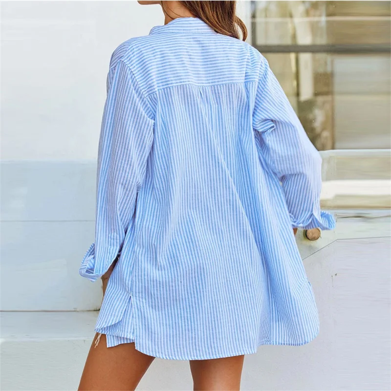 Summer Striped Long Sleeve Turn Down Collar Button Long Shirts Tops and Shorts Women Clothing Loose Casual Cotton Two Pieces Set