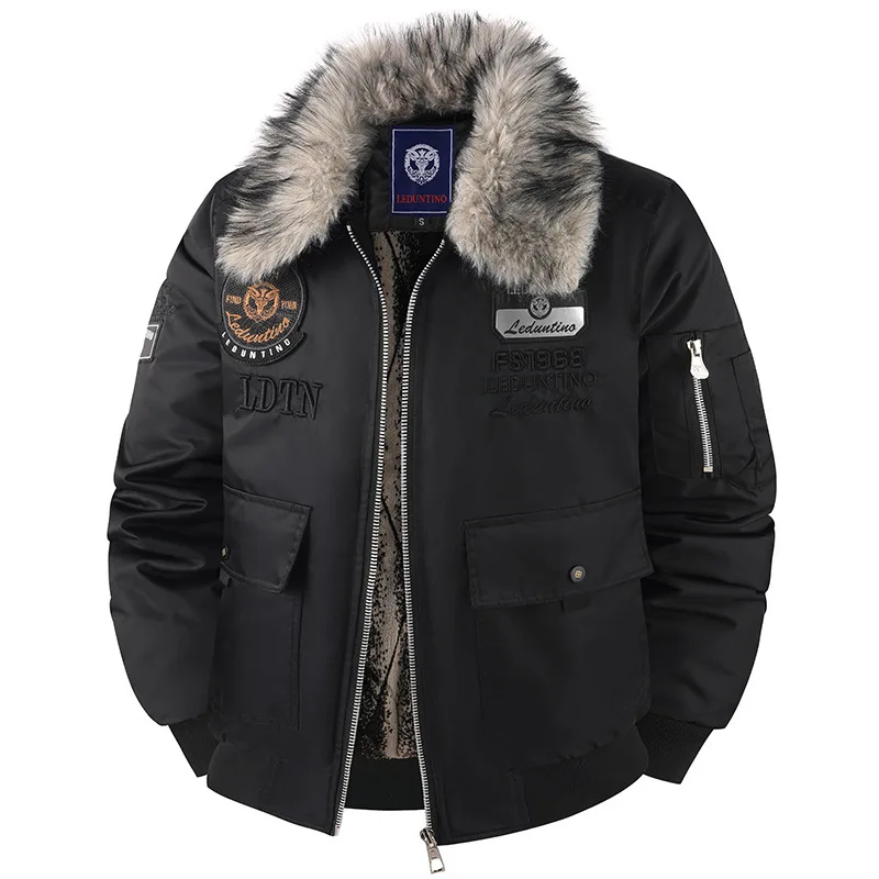 Men's Winter Thick Cotton Jacket with Hooded Fur Collar Warm Casual Trendy Style Overcoat