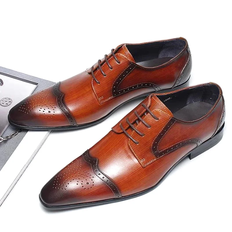 

Stylish European-style Brogue Lace-up Leather Shoes For Men Pointed Toe Genuine Leather Business Formal Shoes Man Derby Shoes