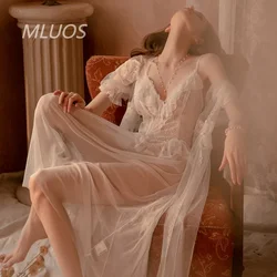 Mulheres corte estilo pijama longo, see-through robe, roupão exterior, corte pijamas, homewear set, camisolas sedução, novo