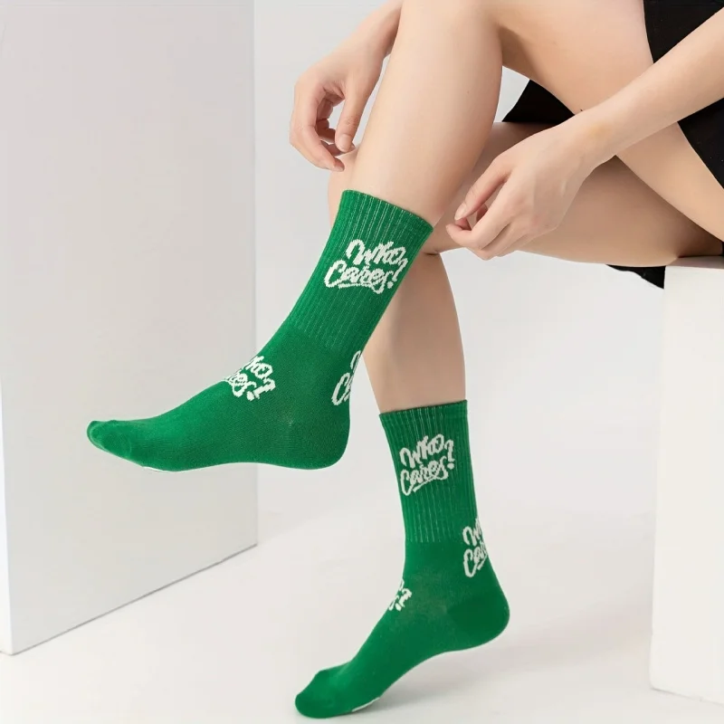 Mixed Color 5-Pair Green Mid-Calf Socks for Women Pure Trendy Couple Sock for Home and Outdoor Wear Letter Jacquard