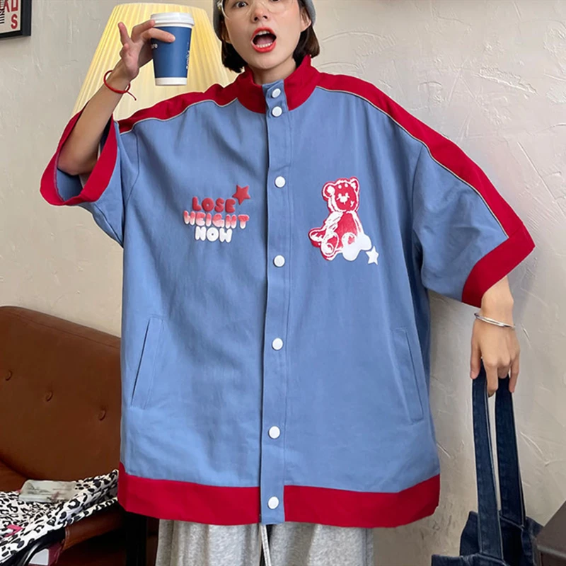 Baseball Splice Contrast Color Cartoon Bear Button Up Shirt Harajuku Oversized Loose Kawaii Tops for Teenage Summer Large 2XL