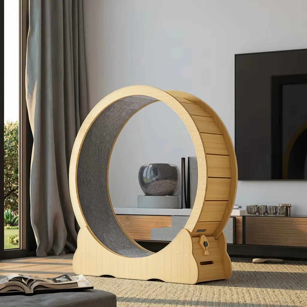2025 Stable Wood Running Pet Cat Scratcher Toy Interactive Cat Exercise Wheel Treadmill With Carpeted Track Machine