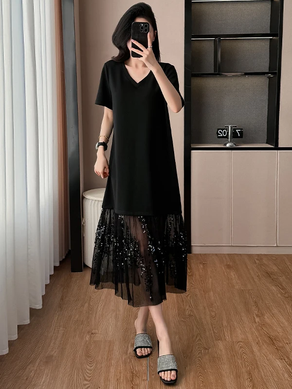 

Elegant V-Neck Splice Mesh Short Sleeve Dress Women's Slimming Black Summer Gown A-Line Skirt Casual Sleeve Length Long Dress