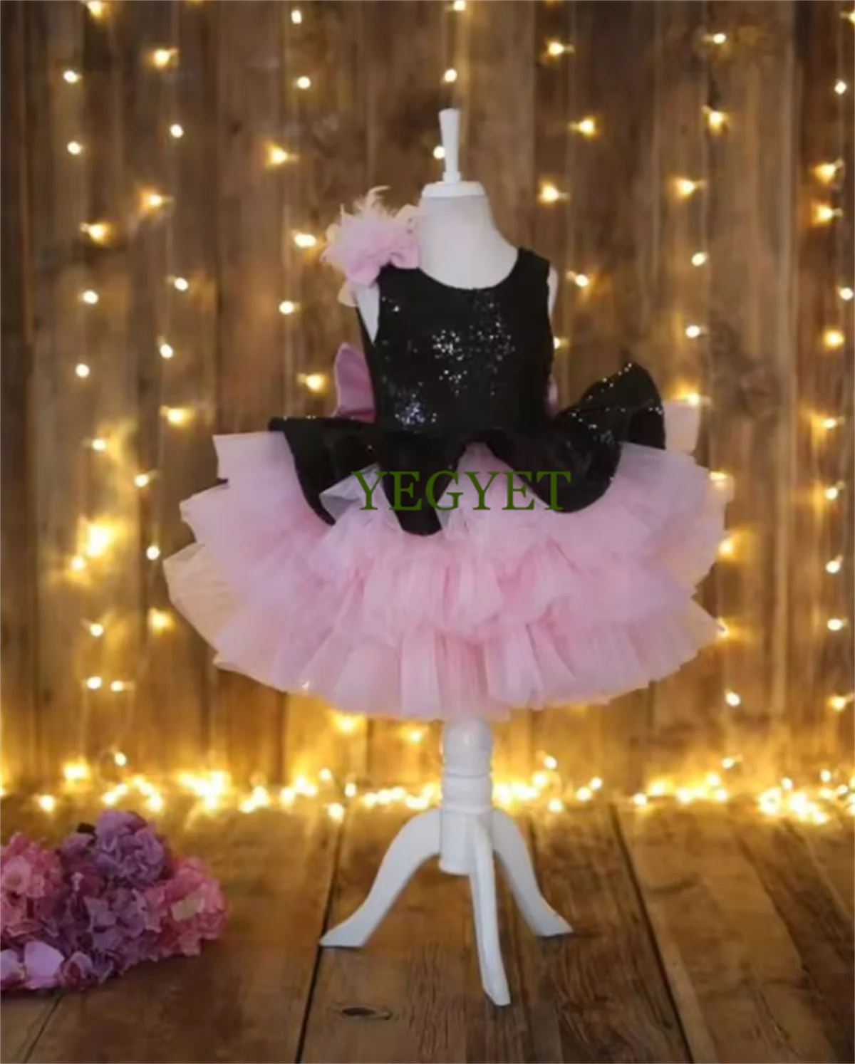 New Baby Girl Dress Black Sequins Pink Tulle Flower Girl Dress Knee Length O Neck Kid Size 12M 24M New Year Photography