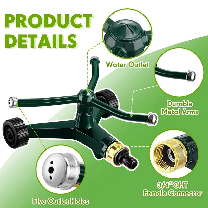 Metal Rotary Lawn Sprinkler 3 Arm Heavy Duty 360 Degree Automatic Revolving Whirling Water Sprinkler With Wheeled Base