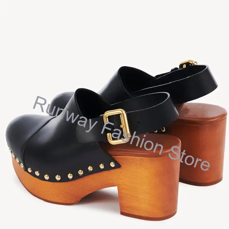 Chunky Wooden Wedge Mules Clogs Sandalias Platform Women Shoes Ankle Strap Leather Heels Sandals runway Zapatos Mujer Pumps