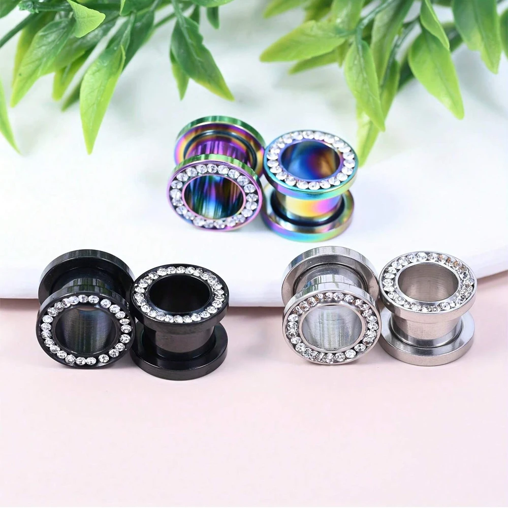 1Pair Stainless Steel Ear Plugs, Rhinestone Ear Expander, Ear Tunnels Plug Screw Body Piercing Jewelry For Women Men 4-16mm