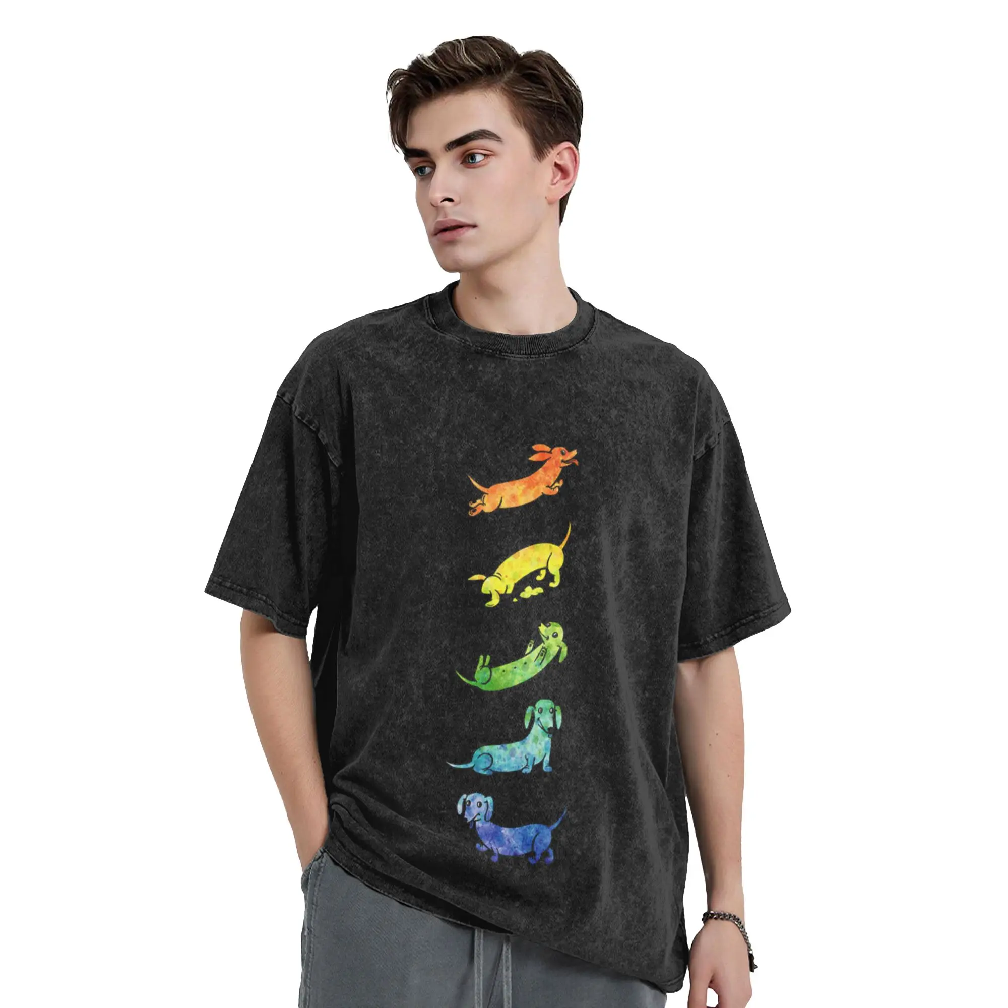 Watercolor Dachshunds  Unique Stylish A Washed T Shirt Men's Women's Oversized Cotton Tees Tops