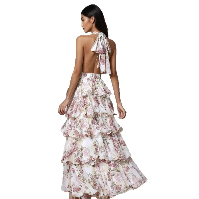 Primavera 2025 novo comércio exterior europeu e americano vestido feminino moda sexy com decote em v cinta multi camada vestido impresso