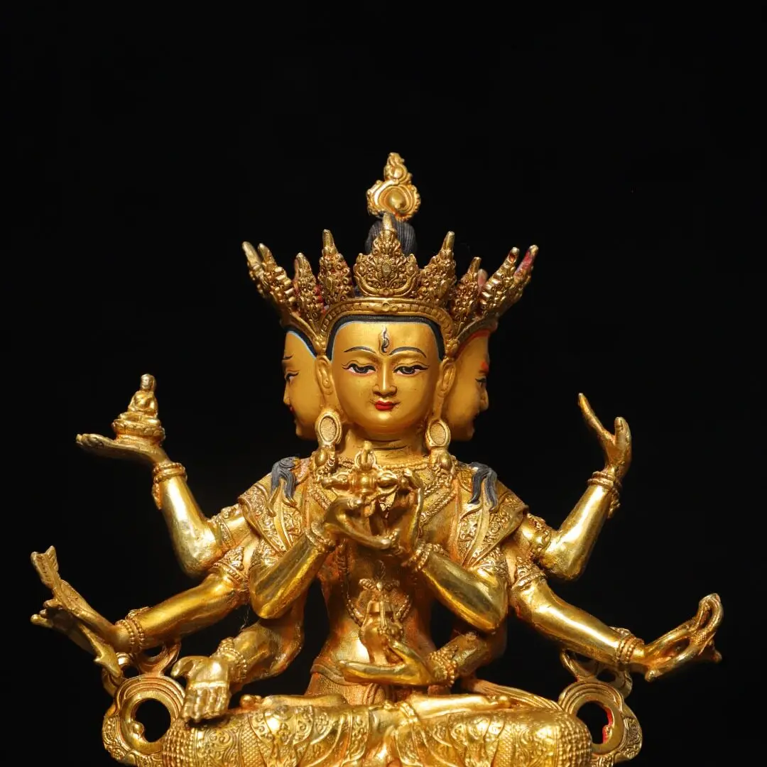 Tibetan brass gilt painted face three sides eight arms Zunsheng Buddha mother Guanyin statue home worship hall ornament 20 cm