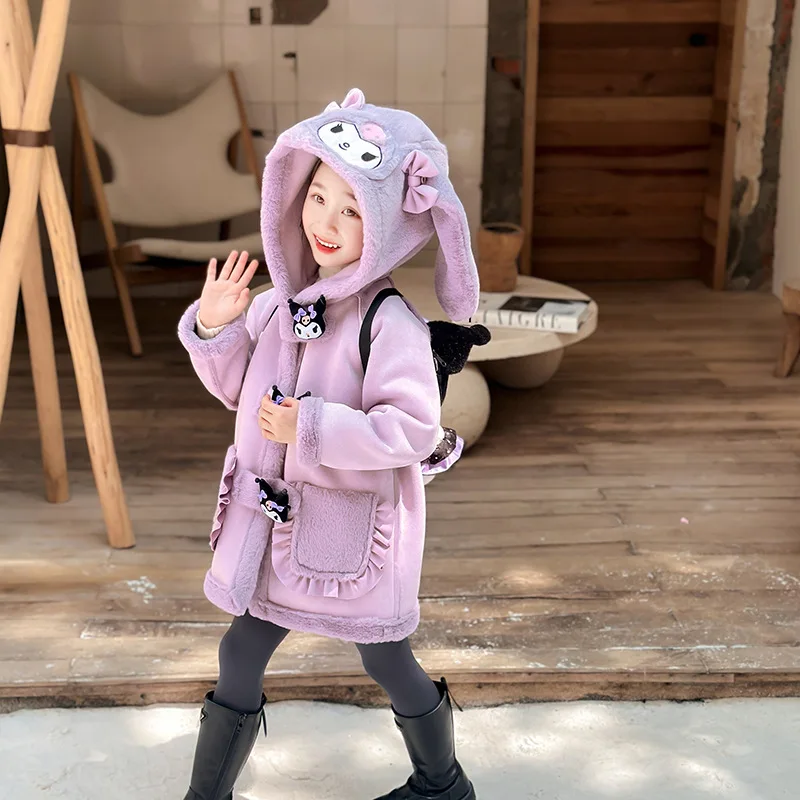 Sanrio Kuromi Anime Plush Fur All-in-One Coat Hooded Jacket Casual Loose Zip single-breasted Jackets Casual Loose Tops