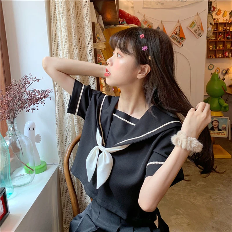 Verão Japonês Uniformes Escolares Estilo S-L Estudante Meninas Traje Preto Mulheres Sexy Black JK Suit Sailor Blusa Plissada Saia Set