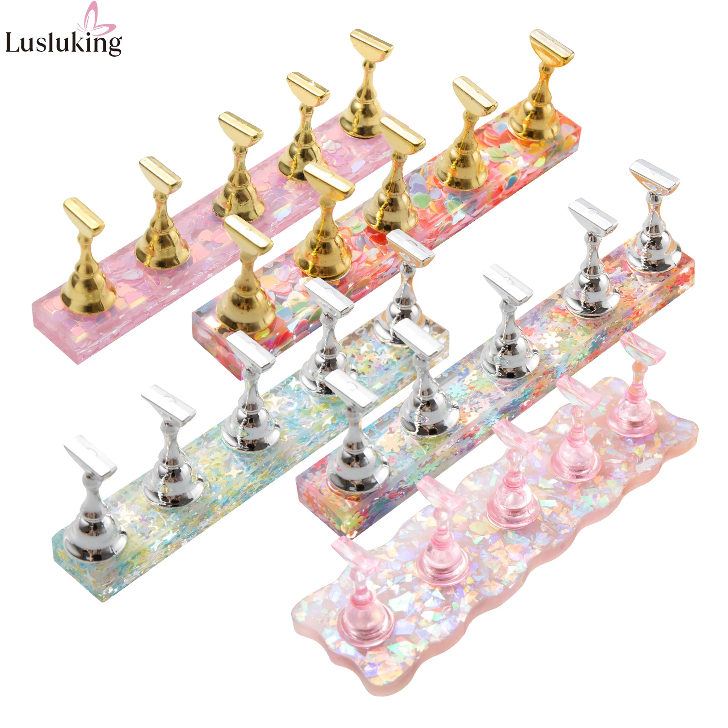 Iridescent Heart Pink Ripple Magnetic Nail Stand Set Acrylic Nail Holder Press On Nails Practice Display Stand Nail Art Supplies