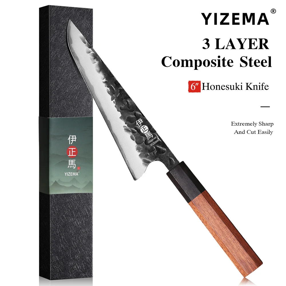 

YIZEMA 6" Honesuki Utility Knife Japanese 3-Layer Composite Steel Kitchen Fruit Sashimi Forged Cooking Professional Chef Knife