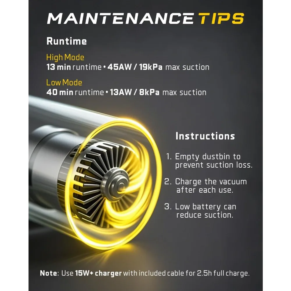 Aspirateur de voiture mince V8 Apex, mini aspirateur sans fil portable 4 en 1 avec puissance d'aspiration de 19 000 pa, charge de type C, 2 modes d'aspiration