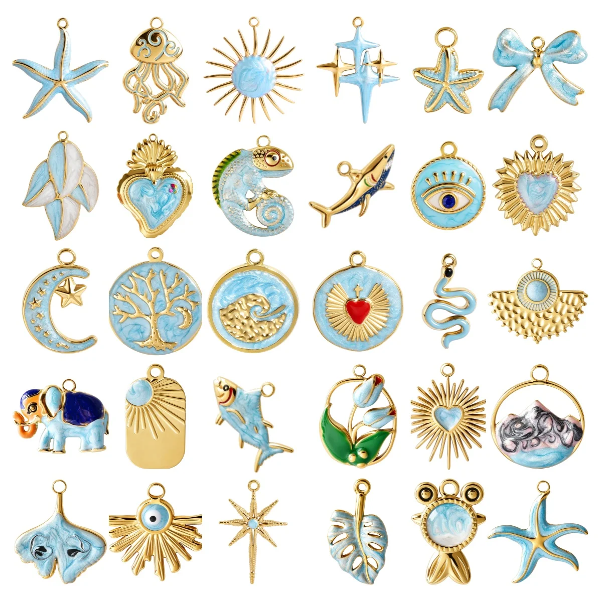 4pcs Blue Enamel Starfish Shark Cute Pendant Sun Star Peach Heart Ginkgo Leaf Stainless Steel Charm Pendants Bowknot Accessories