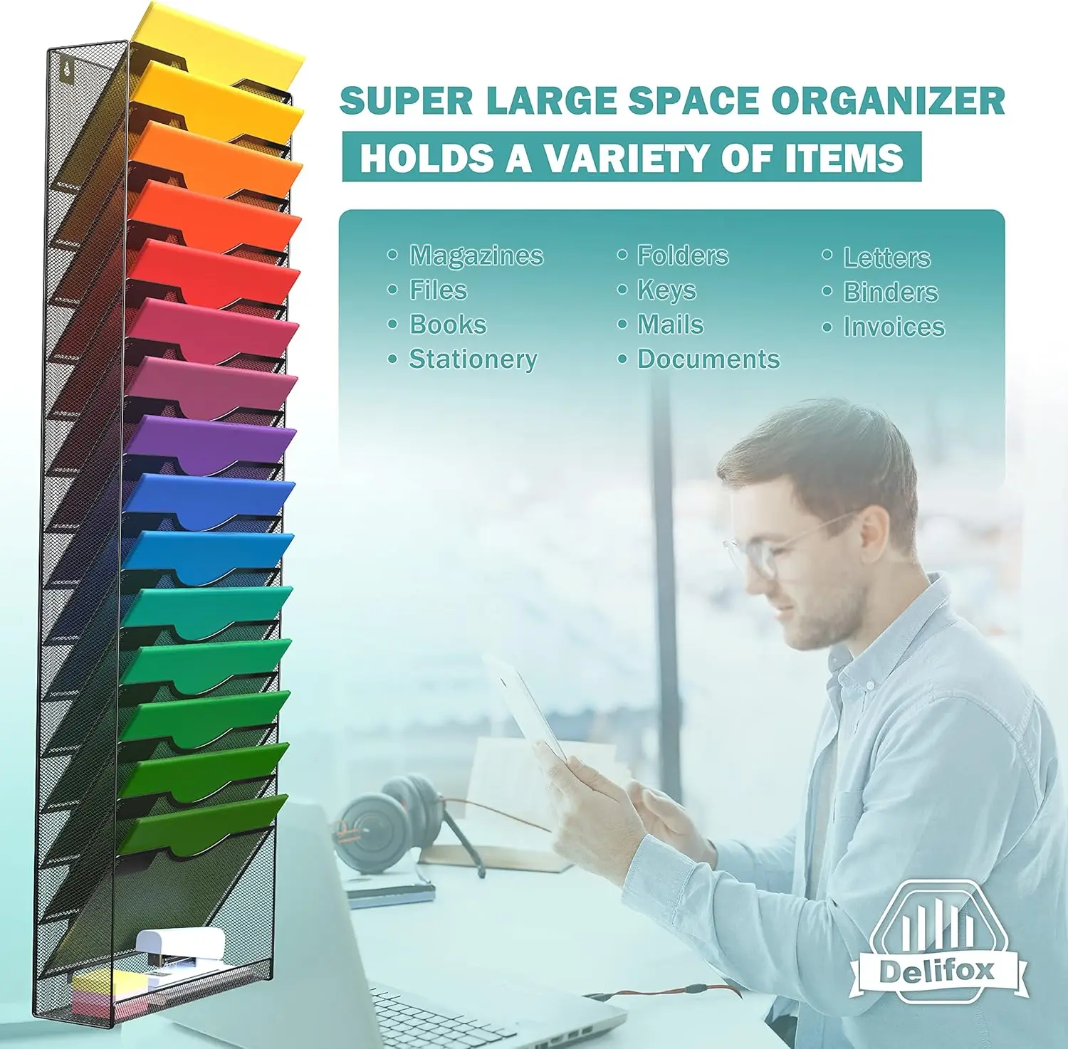 2 Pack 16-Tier Wall Mounted Hanging File Organizer Metal Mesh Wall File Holder Organizer Magazine Rack Multipurpose Use for Offi