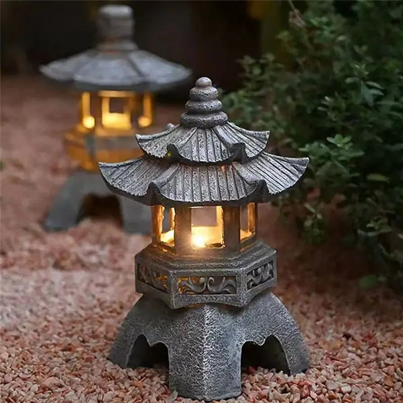 A01F-Garden Accessory Ornament Solar Powered Resin Pagoda Lantern Palace Lanterns Tower Statue Solar Lamp Garden Decor C Easy In
