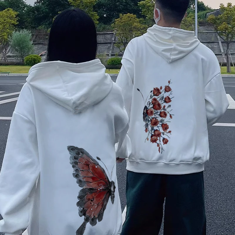 Butterfly And Rose Graphic Print Men Women Hooded Hoodie 600g Cotton Spring Autumn Long Sleeved Sweatshirt For Couple Clothes