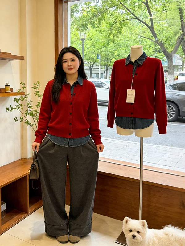 

plus Size Spring New Style Red Collar Denim Patchwork Sweater Two-Piece Set Women Casual Fashion Ensemble Long Sleeve Bu...