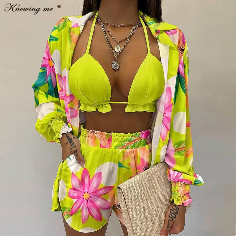 

Summer 3pcs Set women Elegant Spring blouse Tops Shorts set Lady 2022 New Casual Lanter sleeve Loose short pants Suits