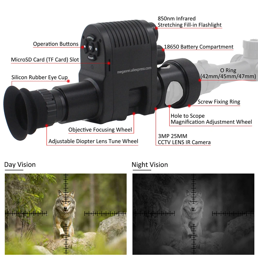 Megaorei 3 Digital Night Vision Monocular Scope Camera for Complete Darkness Tactical Outdoor Coyotes Rat Wolf Airsoft Hunting