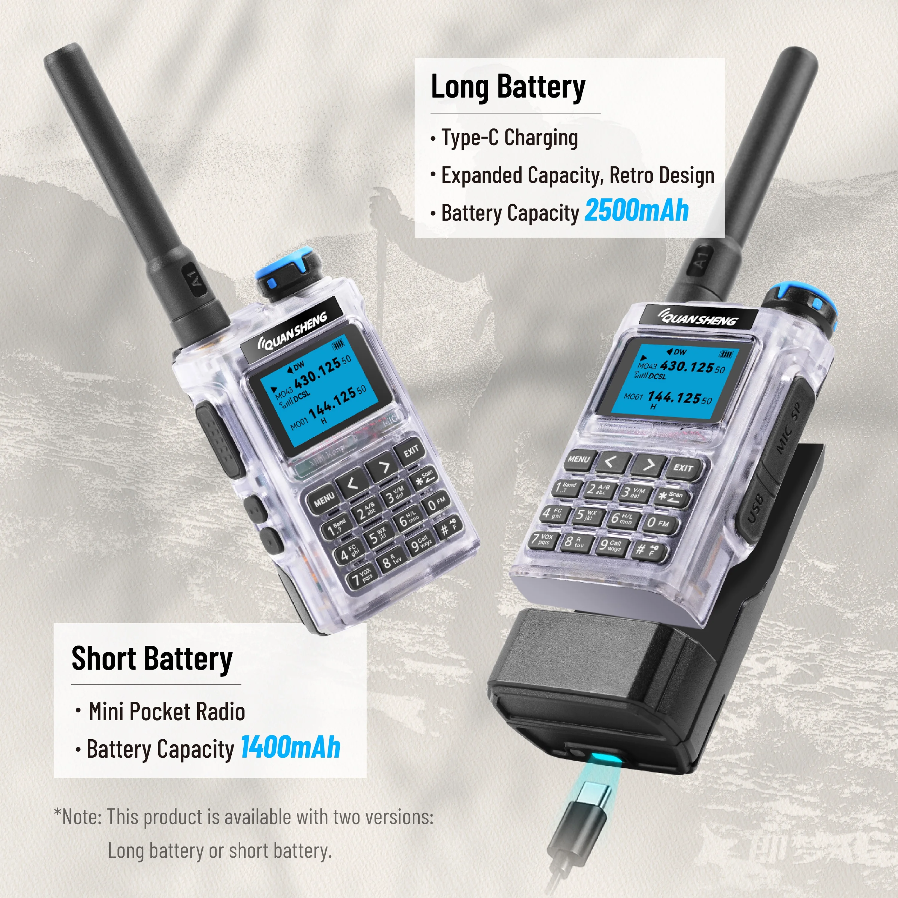 Quansheng UV-K1 Mini Kong Transparent Color Multi-band Walkie Talkie 2MB Memory 1400/2500mAh AM/FM NOAA Ham Two Way Radio