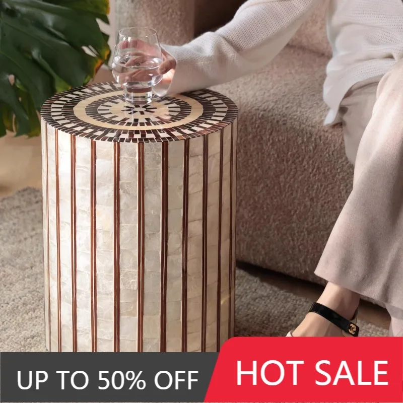 Luxury Cylindrical Side Table with Mother-of-Pearl Inlay & Stripe Accents, Round Drum Accent Table for Living Room & Bedroom